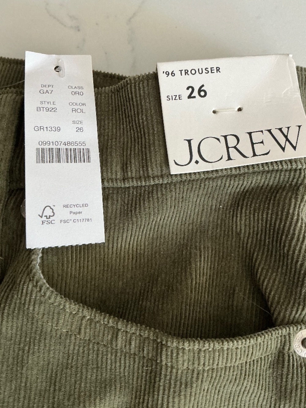 J Crew Wide Leg Corduroy 5 Pocket Trouser Rich Olive Green NWT SZ 26 - Picture 6 of 8